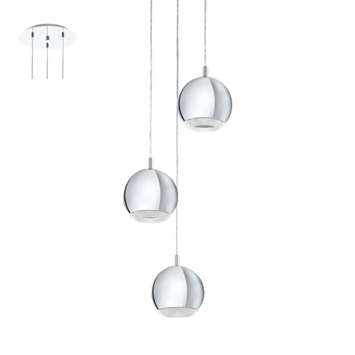 Conessa LED pendel i metal Krom med skærm i klar plastik, 3x3,3W LED, diameter 29 cm, højde 110 cm.